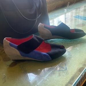 PAS DE ROUGE ITALIAN SUEDE WEDGE BLUE BLACK GREY Shoes RARE LUX 7.5 RETRO